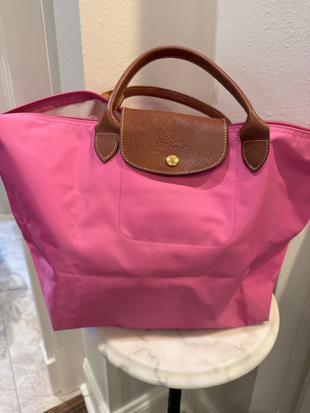 Longchamp Pink Nylon Tote with Brown Leather Trim